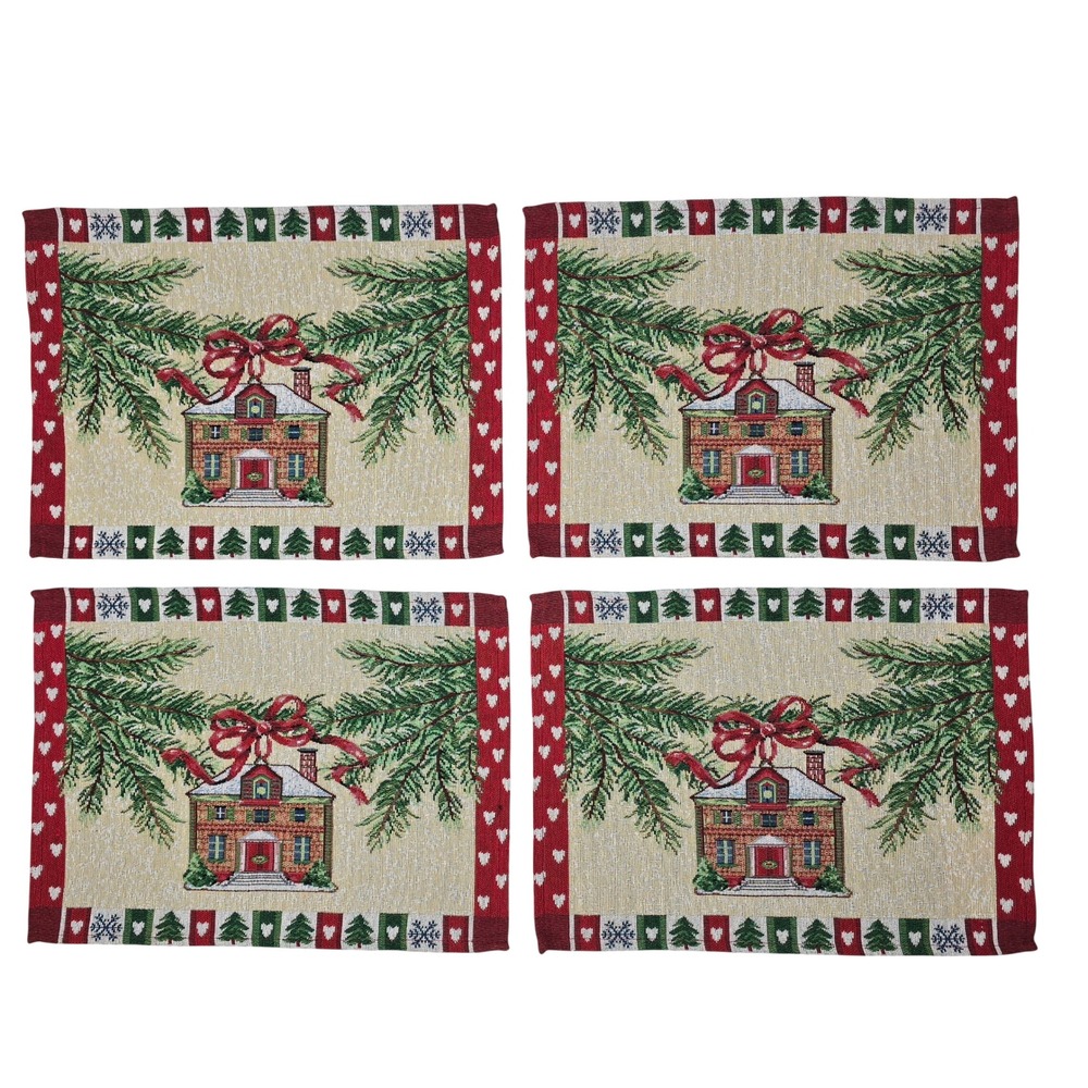Vintage Christmas Tapestry Placemats Set Holiday Cottage Winter Decor 17.5x13